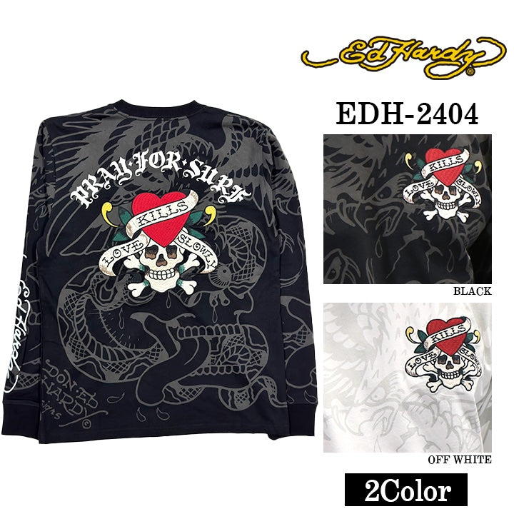 Ed Hardy エドハーディー 刺繍プリント 天竺 長袖Tシャツ メンズ ロン