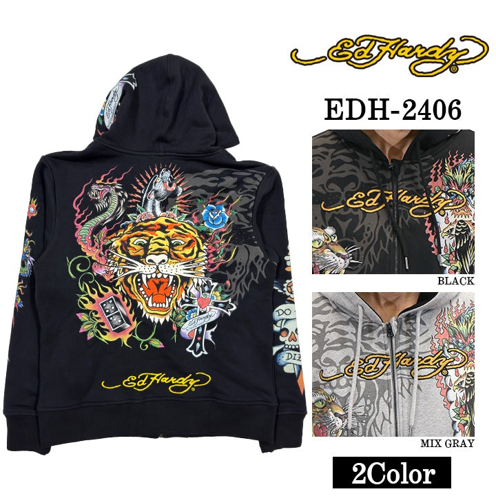 Ed Hardy エドハーディー 刺繍プリント 裏毛F/Zパーカー メンズ edh