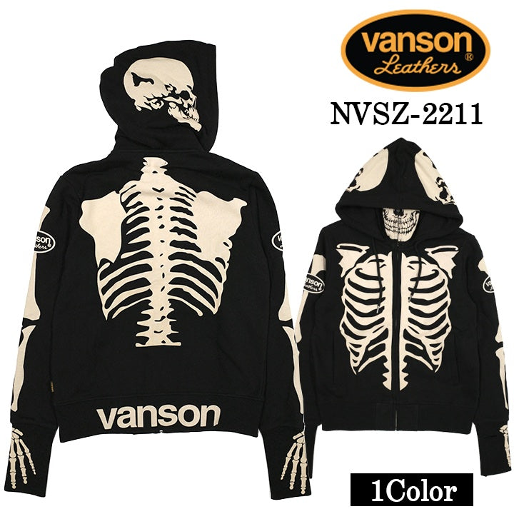 Vanson Leathers スカル ボーン パーカー VANSON HOODIE SWEATSHIRT F/Z PARKA バンソン 裏毛F/Zパーカー メンズ