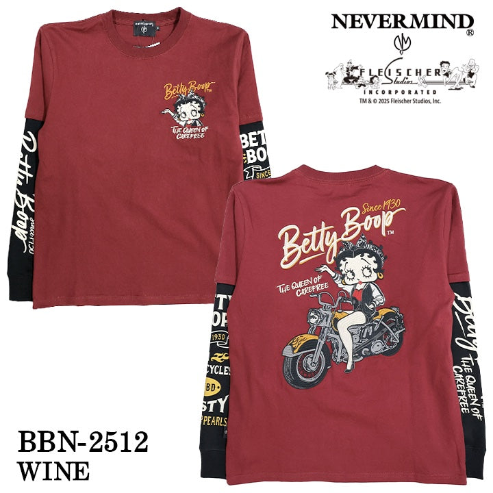 BETTY BOOP NEVERMIND TEE L/S T-SHIRT FAKE SLEEVE ベティーブープ ネバーマインド 天竺 フェイク袖 ロンTEE 長袖 Tシャツ bbn-2512