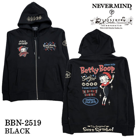 BETTY BOOP NEVERMIND HOODIE SWEATSHIRT F/Z PARKA ベティーブープ ネバーマインド 裏毛 パーカー bbn-2519
