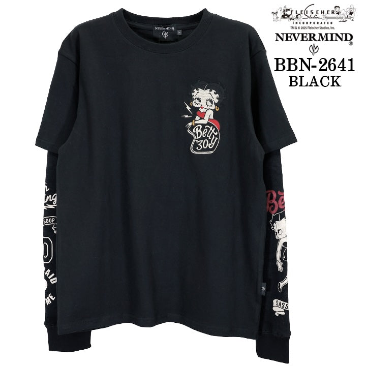 BETTY BOOP NEVERMIND FAKE SLEEVE TEE L/S T-SHIRT ベティーブープ ネバーマインド コラボ 天竺 フェイク袖 ロンTEE 長袖 Tシャツ bbn-2641