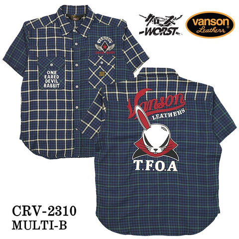 VANSON×CROWS×WORST バンソン クローズ ワースト 武装戦線 コラボ マルチカラー チェックシャツ 半袖シャツ デスラビット crv-2310