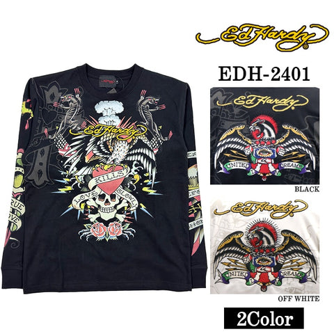 Ed Hardy エドハーディー 刺繍プリント 天竺 長袖Tシャツ メンズ ロンTEE edh-2401