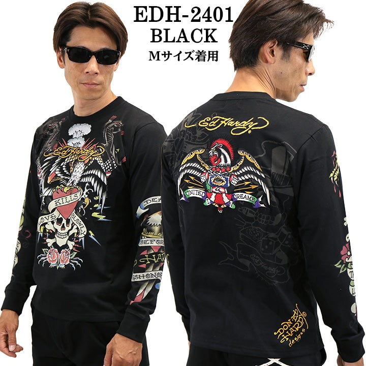 Ed Hardy エドハーディー 刺繍プリント 天竺 長袖Tシャツ メンズ