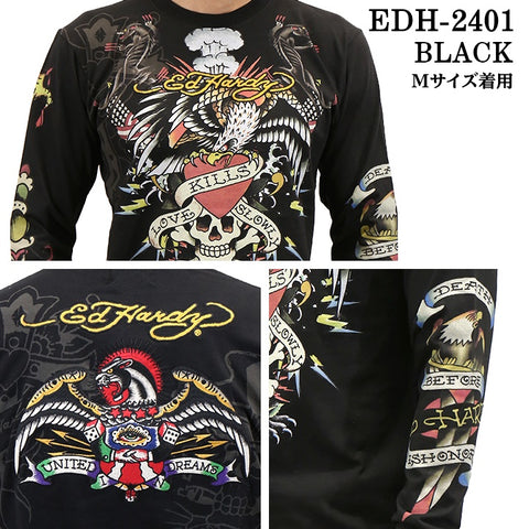 Ed Hardy エドハーディー 刺繍プリント 天竺 長袖Tシャツ メンズ ロンTEE edh-2401