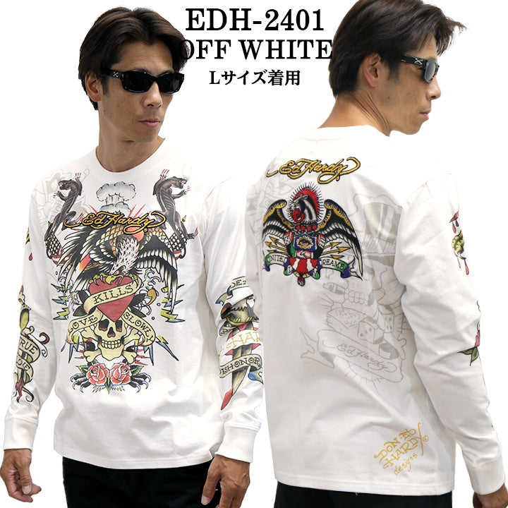 Ed Hardy エドハーディー 刺繍プリント 天竺 長袖Tシャツ メンズ ロンTEE edh-2401
