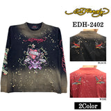 Ed Hardy エドハーディー 刺繍プリント 天竺 長袖Tシャツ ブリーチ加工 ロンTEE edh-2402