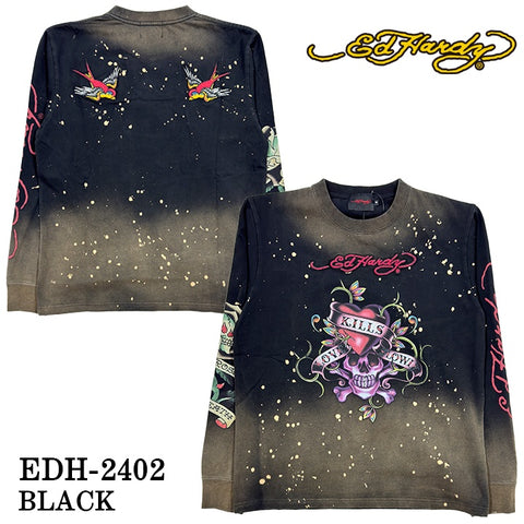 Ed Hardy エドハーディー 刺繍プリント 天竺 長袖Tシャツ ブリーチ加工 ロンTEE edh-2402