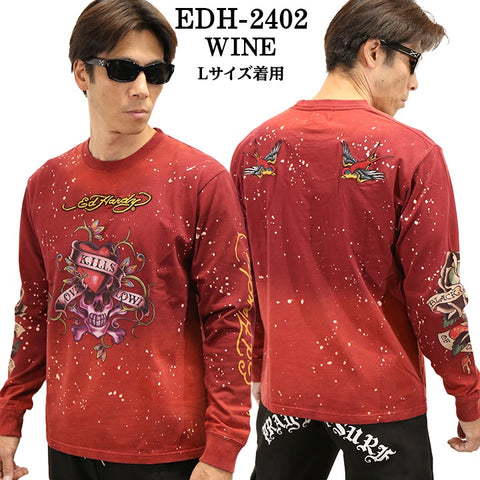 Ed Hardy エドハーディー 刺繍プリント 天竺 長袖Tシャツ ブリーチ加工 ロンTEE edh-2402