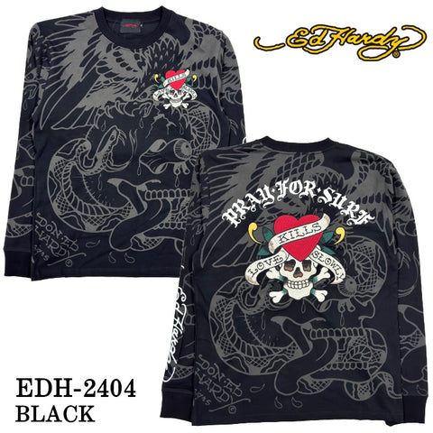 Ed Hardy エドハーディー 刺繍プリント 天竺 長袖Tシャツ メンズ ロンTEE edh-2404