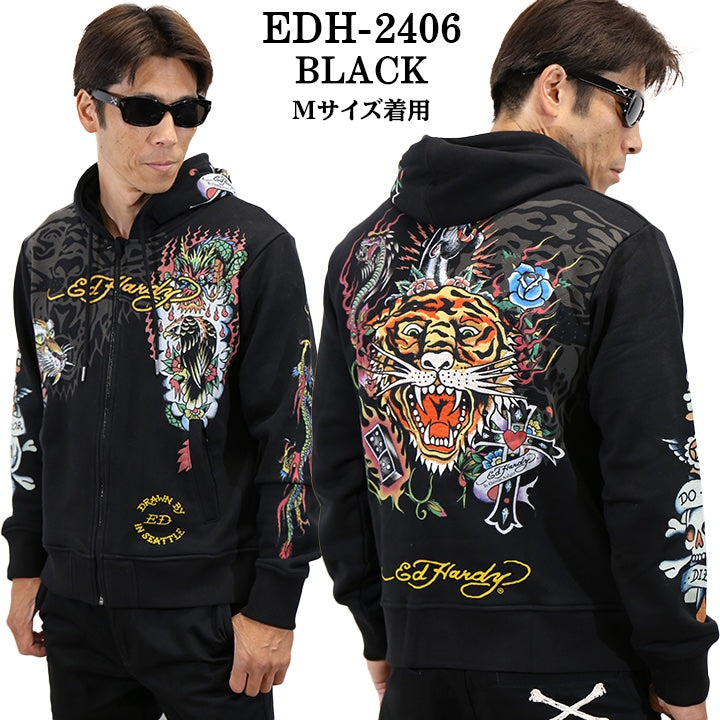 『値下げ』ED HARDY ホワイト パーカー M Ed Hardy エドハーディー 刺繍プリント 裏毛 ピグメント BIG