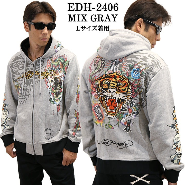 Ed Hardy エドハーディー 刺繍プリント 裏毛F/Zパーカー メンズ edh-2406