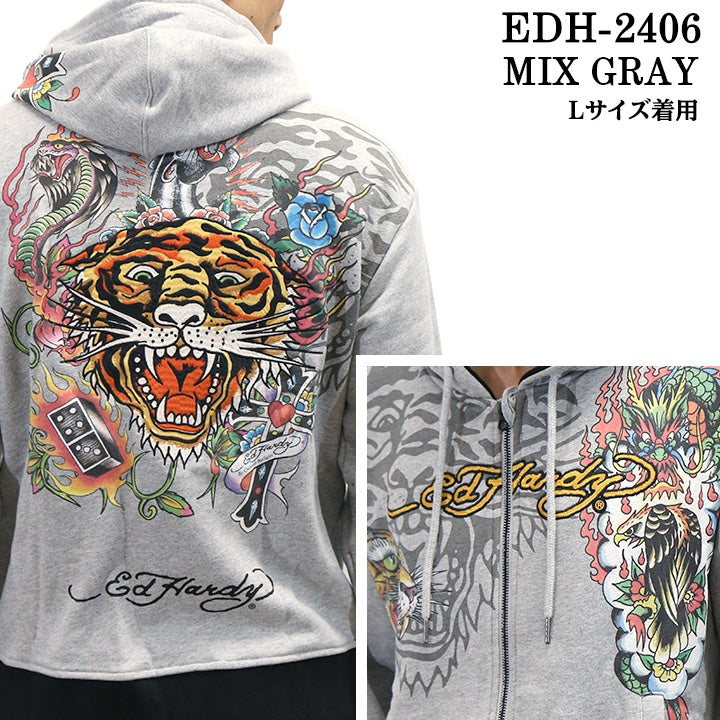 Ed Hardy エドハーディー 刺繍プリント 裏毛F/Zパーカー メンズ edh-2406