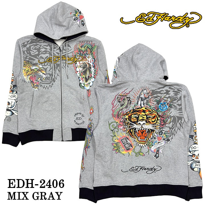 Ed Hardy エドハーディー 刺繍プリント 裏毛F/Zパーカー メンズ edh-2406