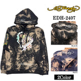 Ed Hardy エドハーディー 刺繍プリント 裏毛 プルパーカー ブリーチ加工 edh-2407