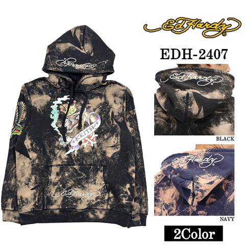 Ed Hardy エドハーディー 刺繍プリント 裏毛 プルパーカー ブリーチ加工 edh-2407