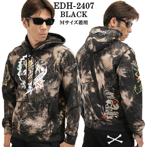 Ed Hardy エドハーディー 刺繍プリント 裏毛 プルパーカー ブリーチ加工 edh-2407