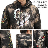 Ed Hardy エドハーディー 刺繍プリント 裏毛 プルパーカー ブリーチ加工 edh-2407