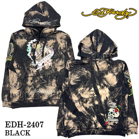 Ed Hardy エドハーディー 刺繍プリント 裏毛 プルパーカー ブリーチ加工 edh-2407