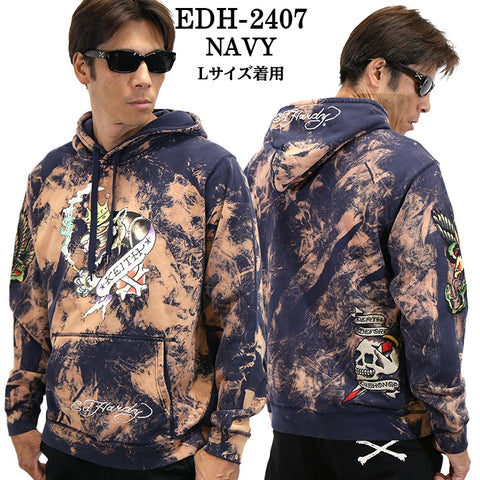 Ed Hardy エドハーディー 刺繍プリント 裏毛 プルパーカー ブリーチ加工 edh-2407