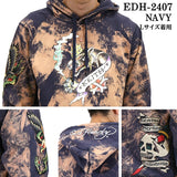 Ed Hardy エドハーディー 刺繍プリント 裏毛 プルパーカー ブリーチ加工 edh-2407