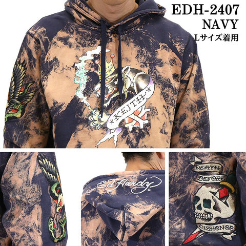 Ed Hardy エドハーディー 刺繍プリント 裏毛 プルパーカー ブリーチ加工 edh-2407