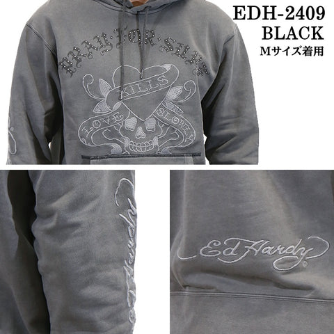 Ed Hardy エドハーディー 刺繍プリント 裏毛 ピグメント BIGシルエット プルパーカー edh-2409