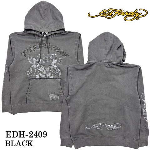 Ed Hardy エドハーディー 刺繍プリント 裏毛 ピグメント BIGシルエット プルパーカー edh-2409