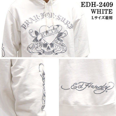 Ed Hardy エドハーディー 刺繍プリント 裏毛 ピグメント BIGシルエット プルパーカー edh-2409