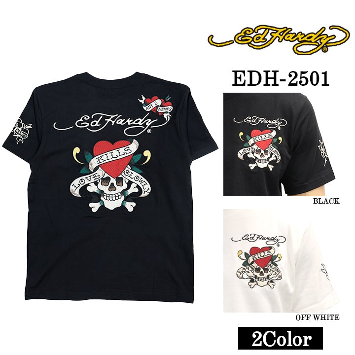 Ed Hardy エドハーディー 刺繍プリント 天竺 半袖Tシャツ メンズ ロンTEE edh-2501