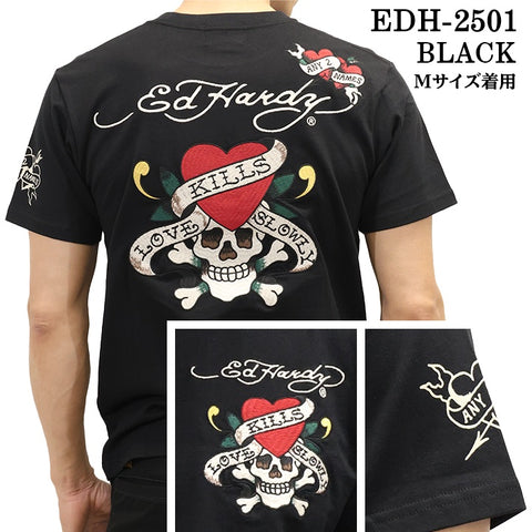 Ed Hardy エドハーディー 刺繍プリント 天竺 半袖Tシャツ メンズ ロンTEE edh-2501