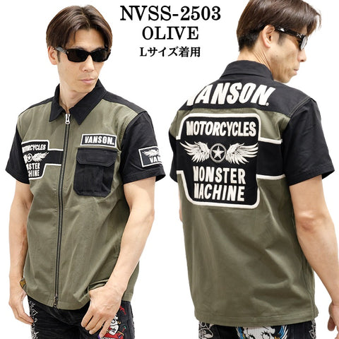 VANSON バンソン ツイルZIPシャツ 半袖シャツ nvss-2503