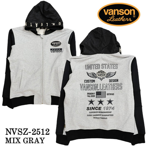 VANSON SWEATSHIRT F/Z PARKA HOODIE バンソン 裏毛 スウェット フルジップ パーカー nvsz-2512