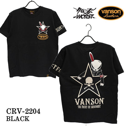 天竺半袖Tシャツ VANSON×CROWS×WORST バンソン 武装戦線 コラボ デスラビット 刺繍 crv-2204