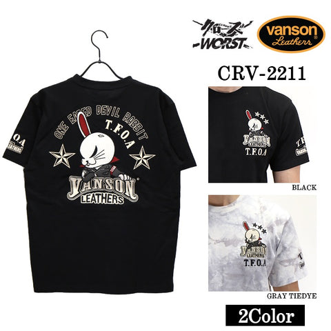 天竺半袖Tシャツ VANSON×CROWS×WORST バンソン 武装戦線 コラボ デスラビット 刺繍 crv-2211