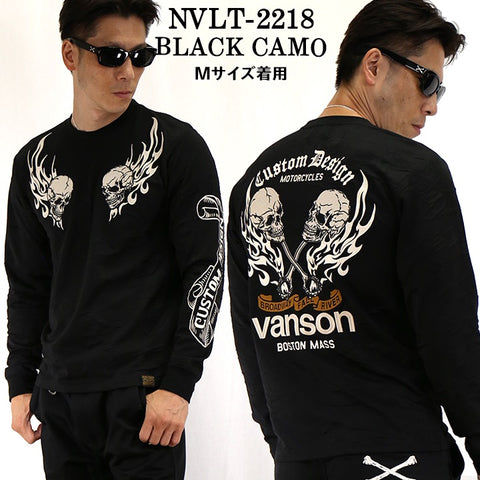 新品 L バンソン ロンT 長袖Tシャツ スカル刺繍 NVLT-2218 黒