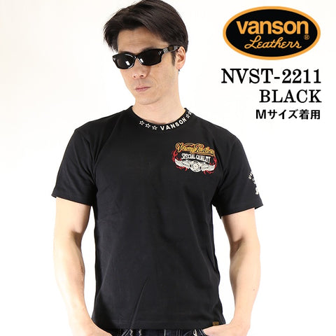 VANSON（バンソン）天竺 半袖Tシャツ フライングウィール ロゴ nvst-2211